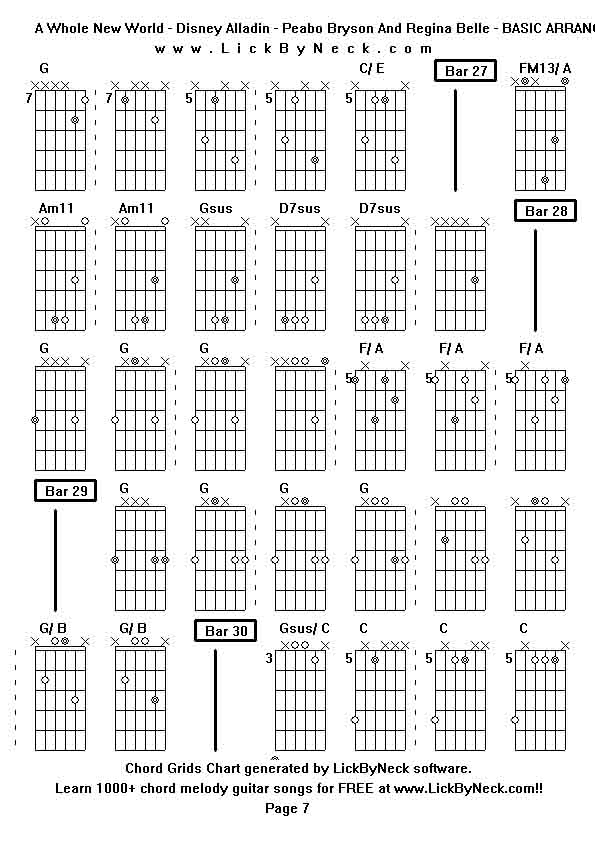 Chord Grids Chart of chord melody fingerstyle guitar song-A Whole New World - Disney Alladin - Peabo Bryson And Regina Belle - BASIC ARRANGEMENT,generated by LickByNeck software.